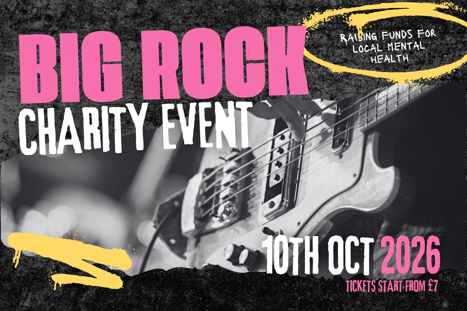 Cover image that says 'Big Rock Charity event' and a black and white image of a guitar